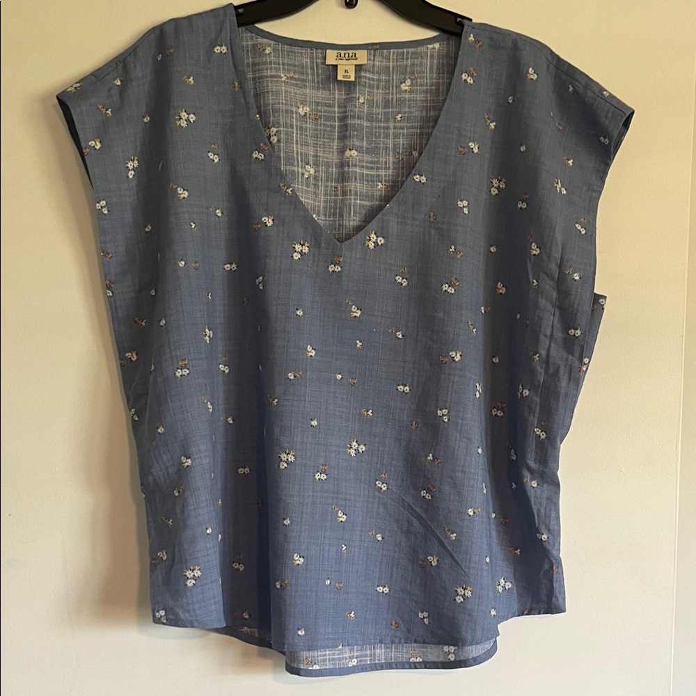 a.n.a Blue Floral V-Neck Blouse